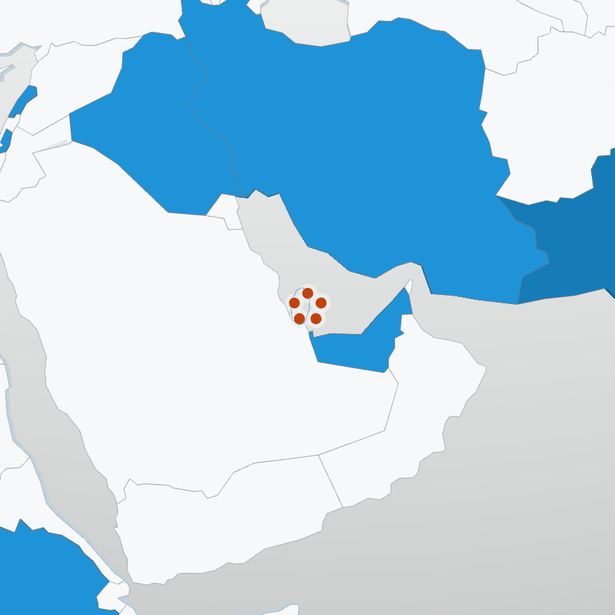 The globe at the end of the sequence. The Gulf seen from above, most of the region unlit, Qatar outlined and empty, and five nodes around Doha marking the work packages.