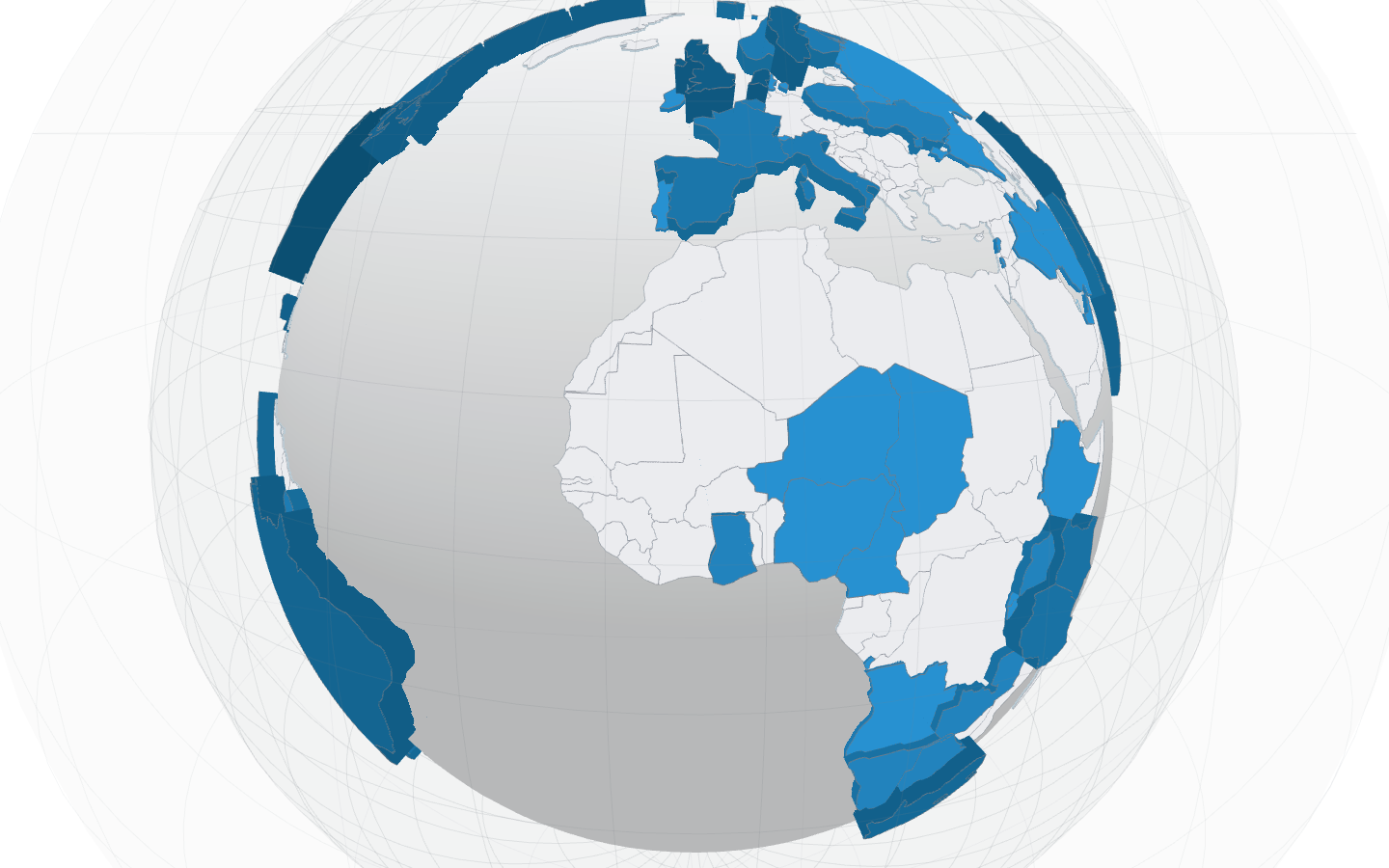 The same globe with two translucent shells lifted clear of it, the global layer furthest out and the regional layer between it and the sphere the national and local layer stands for.