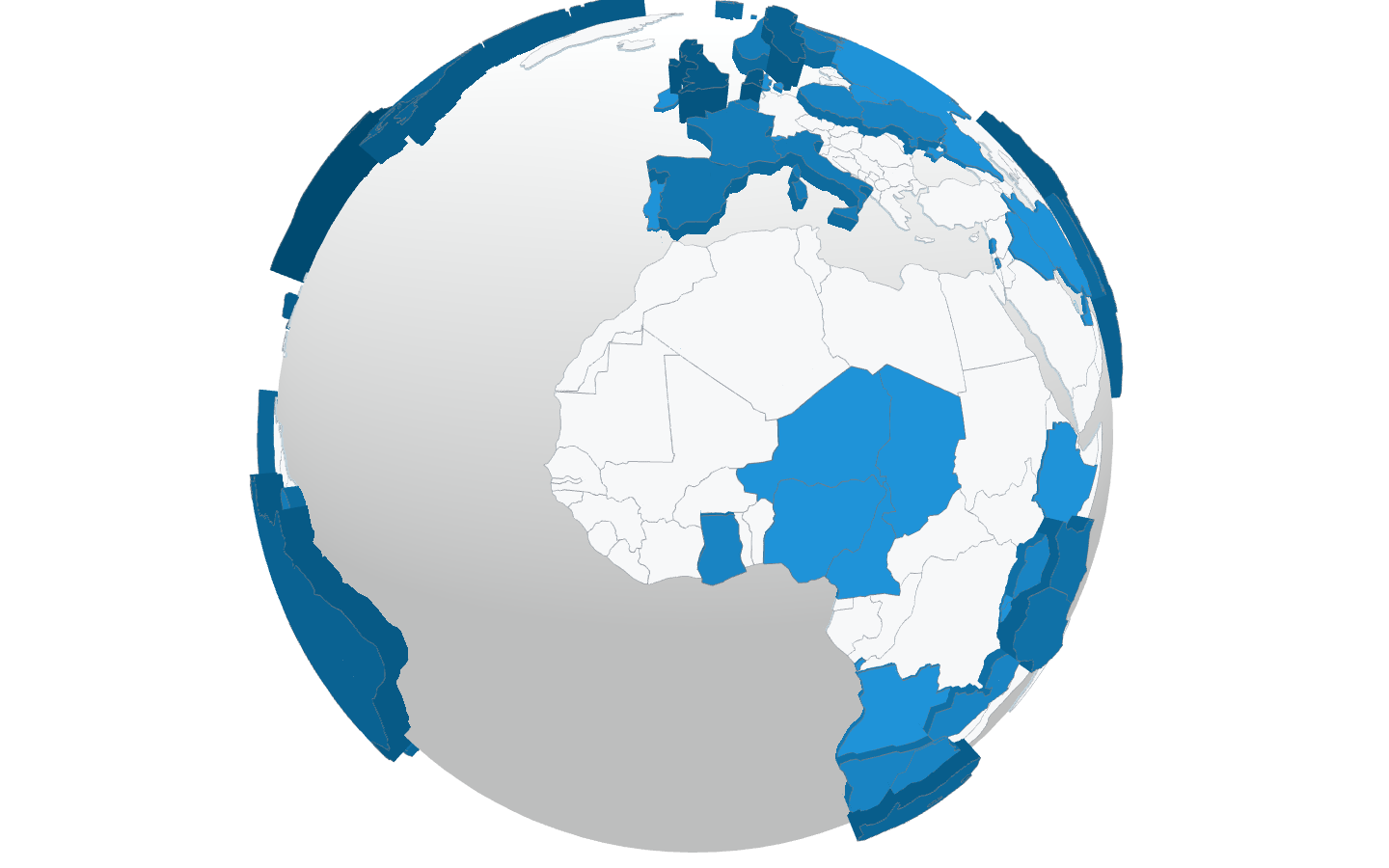 The whole globe. Every country the corpus reaches is raised off the sphere and shaded by how many studies it holds, so the darkest and tallest are the most studied.